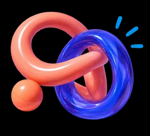 A glossy coral loop intertwined with a translucent cobalt ring beside an apricot sphere.