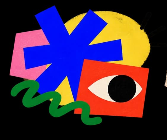 An electric-blue asterisk, a red eye motif and a green squiggle layered over bright paper.