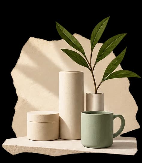 Quiet ivory ceramics and a sage mug with an olive branch on textured cream paper.