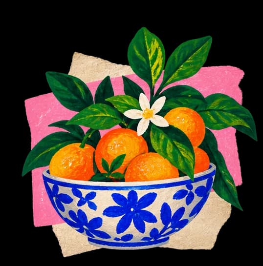 A hand-painted bowl of oranges, blue patterned pottery, green leaves and torn pink paper.