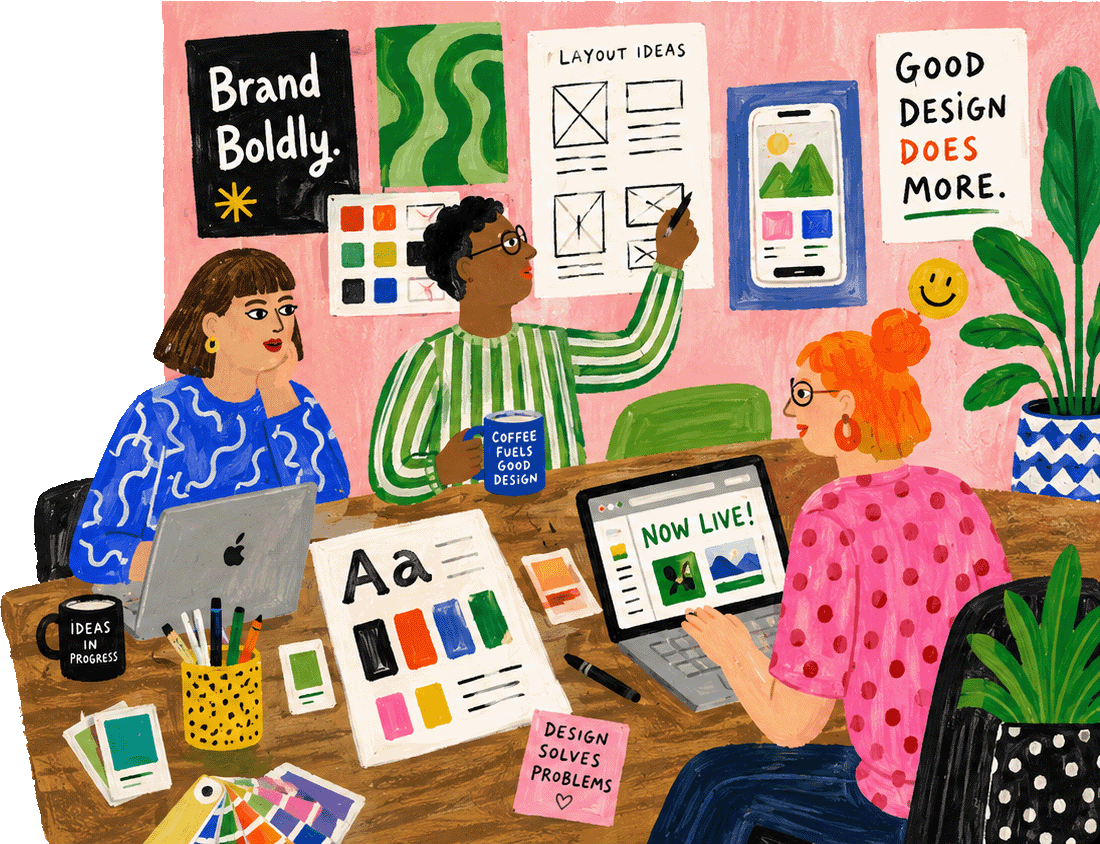 A hand-painted creative studio with designers working on branding, websites, and colorful ideas.