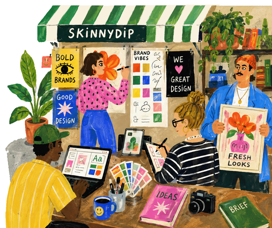 A lively painted SkinnyDip storefront with designers making brands, working at a desk, and sharing a new print.
